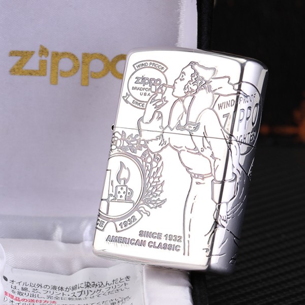 原装正品zippo镀银四面刻风中女郎镀银风女2054gl